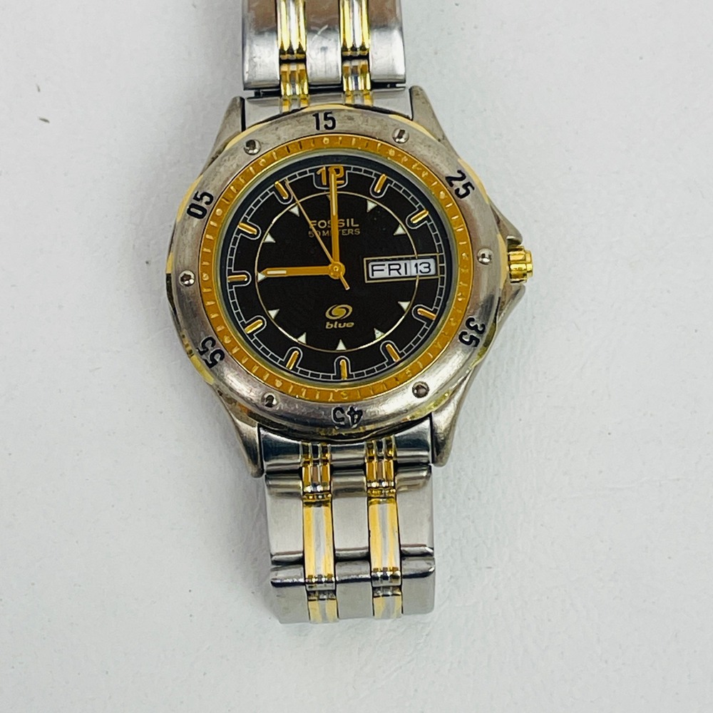 Fossil Watch Mens OS Blue FS-2907 Silver Gold Toned Day Date Untested For Parts
